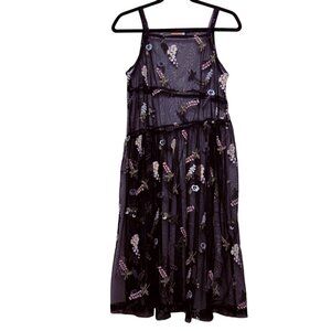 Naked Sheer Midi-Length Dress Delicate 3D Floral Embroidery Black Sz M